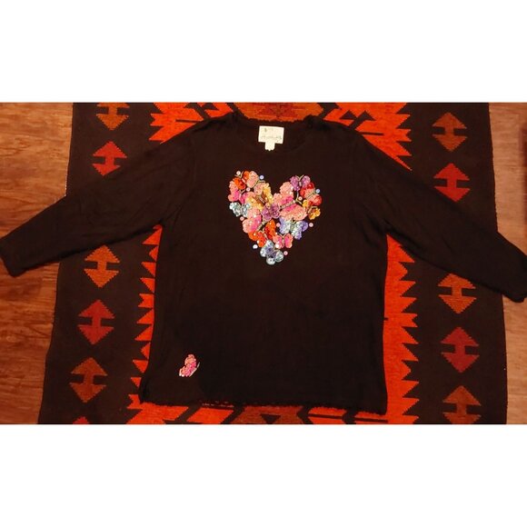 Quacker Factory Plus Size Black Sweater Colorful Sequin Bead Heart. Size - Picture 1 of 13